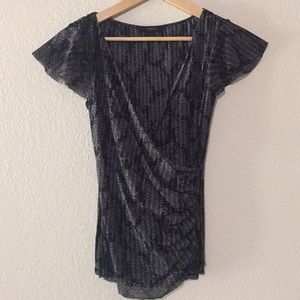 Express Faux Wrap Black and Gray Print Shimmer Top